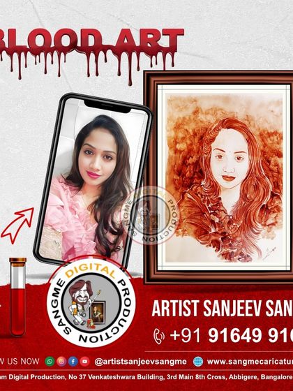 This promotional image shows how a simple photo from your phone can be transformed into a framed, professional blood art portrait. It is a unique way to preserve your memories.