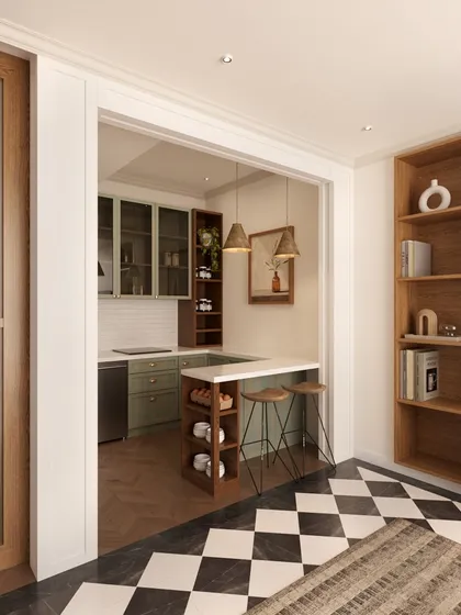 This inviting family lounge sits on the upper floor, adjacent to a compact kitchenette. The striking black-and-white checkerboard flooring anchors the space, while soft white walls and warm wood tones bring in comfort.