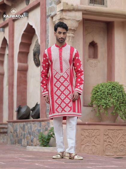 A final look at the red kurta set, a perfect example of how the Riwayat collection blends tradition with a fresh, modern aesthetic.
