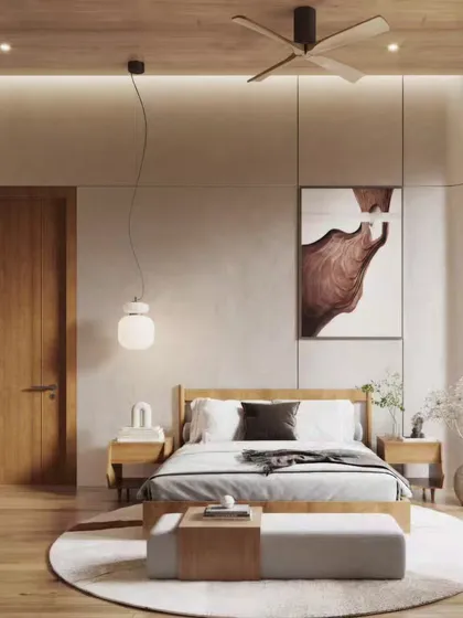 This bedroom project features a warm, minimalist design with natural wood tones and a focus on functionality. The renders highlight the clean lines of the furniture, a stylish bookshelf, and a calm, uncluttered aesthetic.