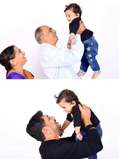 A collage showing a baby boy with his father and his grandparents, capturing multi-generational love.