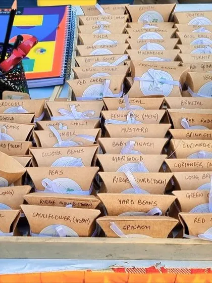 Here’s a look at our setup for a corporate event, featuring hundreds of eco-friendly return gifts. Each packet is a DIY seed kit, offering a unique and sustainable favor that guests can plant and grow themselves.