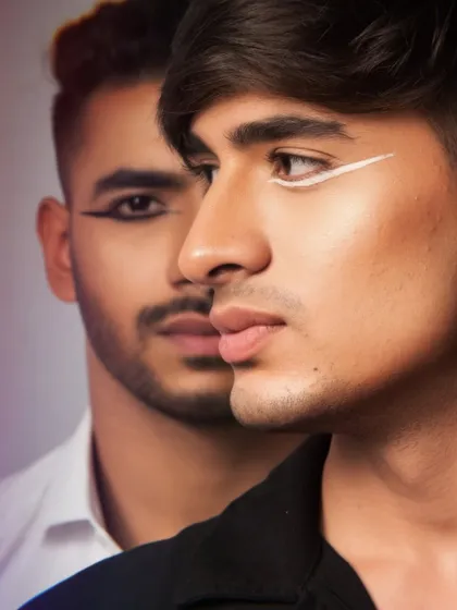 A close-up of the yin-yang concept, focusing on the contrasting black and white graphic liners on male models.