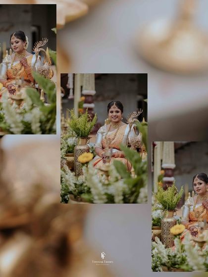This collage shows the new mother seated amidst the beautiful floral and brass decor of the naming ceremony. The multiple angles provide a complete view of the festive setup.