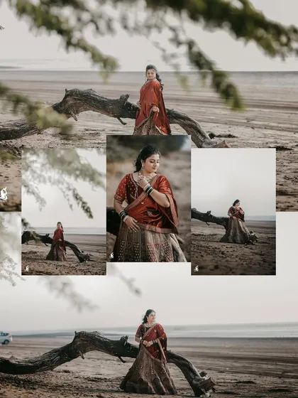 A collage of the bride's stunning portraits on the beach, her traditional lehenga standing out against the natural, rustic backdrop.