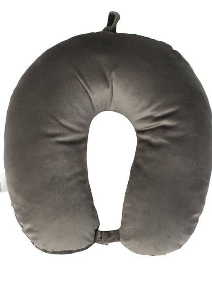 A grey travel neck pillow, shot from the top down on a white background.