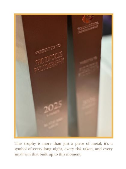 A close-up of the engraving on our 2025 Winner's trophy. This piece of metal symbolizes every long night, every creative risk, and every beautiful moment captured.
