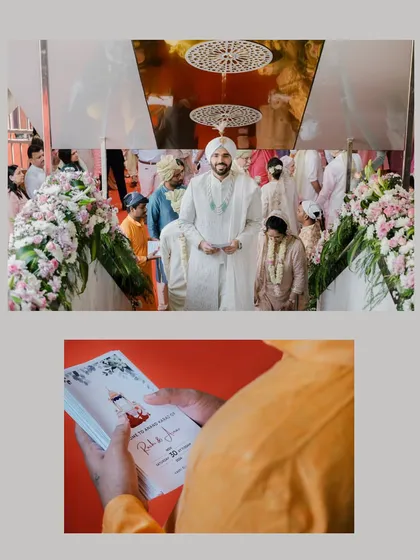 A collage showing the groom at the Gurudwara and a guest looking at the wedding invitation, connecting the event's details to the ceremony itself.