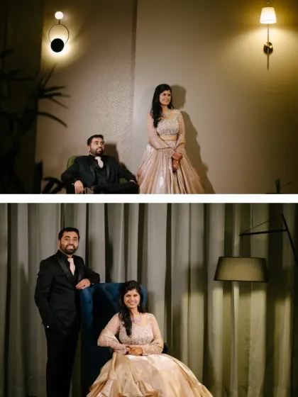 A collage of stylishly posed portraits of the couple from their engagement or reception, using modern interior lighting for a dramatic effect.