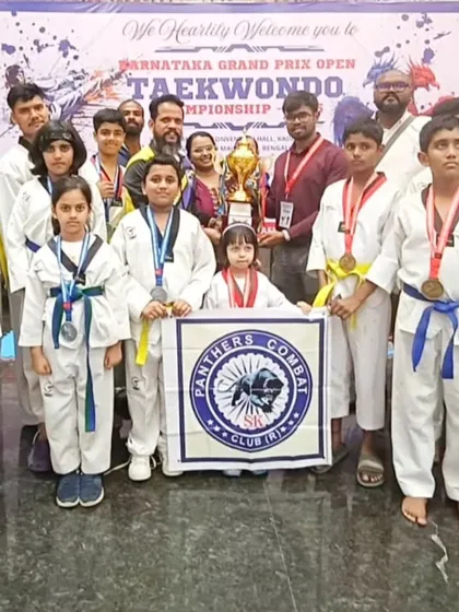 The results of dedication. Our team proudly displays a haul of 14 Gold, 12 Silver, and 5 Bronze medals from the Karnataka Grand Prix Open Taekwondo Championship. We train to win, and we win as a team.