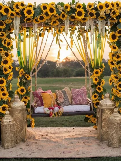 For a vibrant and joyful mehendi or haldi, nothing beats a sunflower theme. I designed this beautiful floral swing setup for an outdoor ceremony, using an abundance of fresh sunflowers and traditional brass lanterns to create a warm, picture-perfect spot against the sunset.