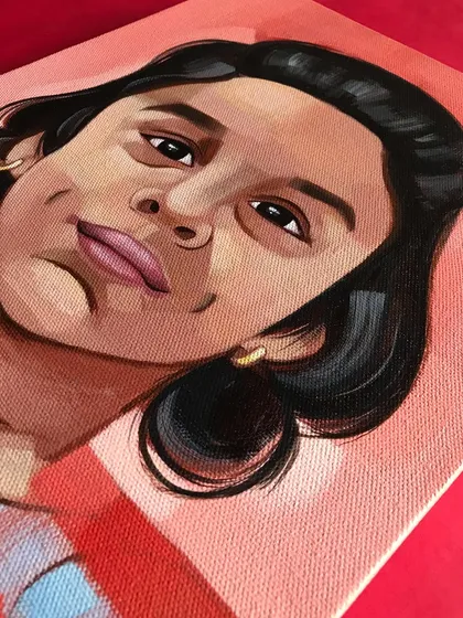 This angle shows the texture and finish of the completed canvas painting of Jiza. It's a privilege to create these keepsakes for my clients.