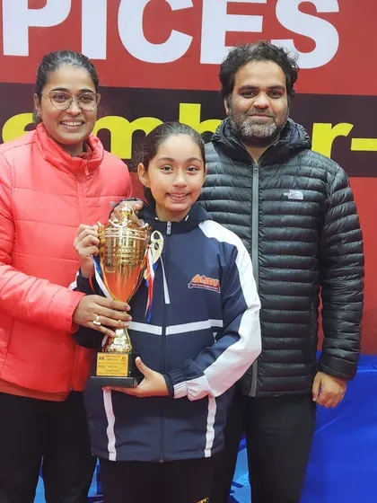 Awesome results from the Delhi State Table Tennis Championship. Our player Sragvi Mainde with her trophy and coaches.