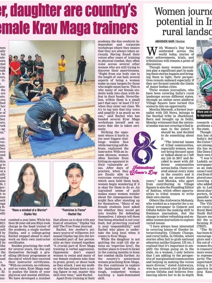 The Free Press Journal featured our mother-daughter instructor duo, Dipika and Rachel Vaz, highlighting their journey as some of the country's first female Krav Maga trainers.