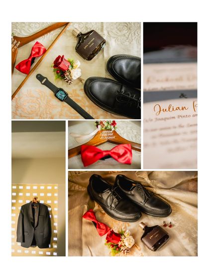 A collage of the groom's details: his shoes, watch, bow tie, and suit. These flat-lay shots capture the groom's style and accessories.