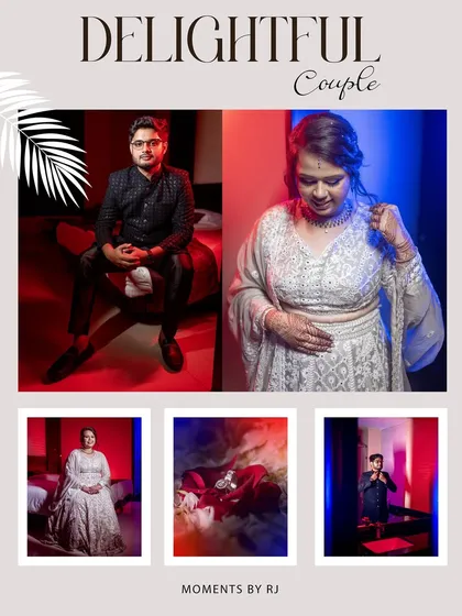 A modern and stylish pre-wedding shoot with dramatic red and blue lighting, capturing a "delightful couple."
