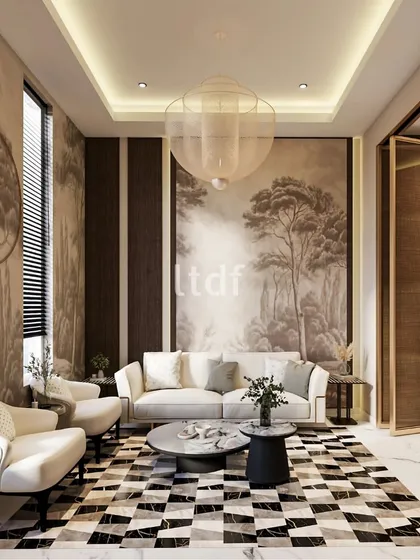 This living area celebrates minimalist luxury with a neutral palette and bespoke furnishings. A captivating, large-scale mural provides an artistic backdrop, while the patterned flooring adds a sense of drama and geometry to the overall design.