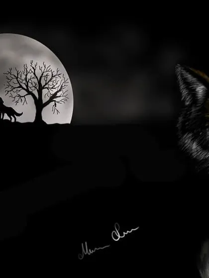 A moody digital painting depicting a wolf howling at the moon. I used digital brushes to create a dark, atmospheric scene, playing with silhouettes and high-contrast lighting for a dramatic effect.