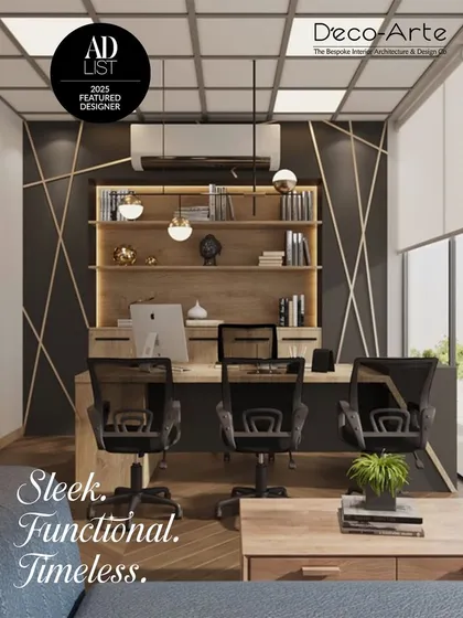 Sleek, functional, and timeless. This office concept features a bold accent wall with geometric lines, a floating desk, and curated lighting to create a workspace that is both efficient and visually striking.