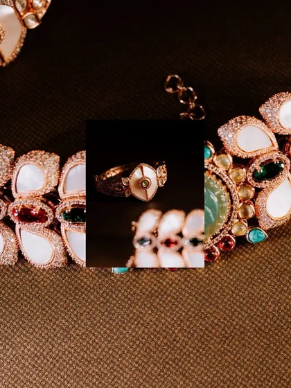 A creative collage focusing on the bride's unique, modern jewelry set.