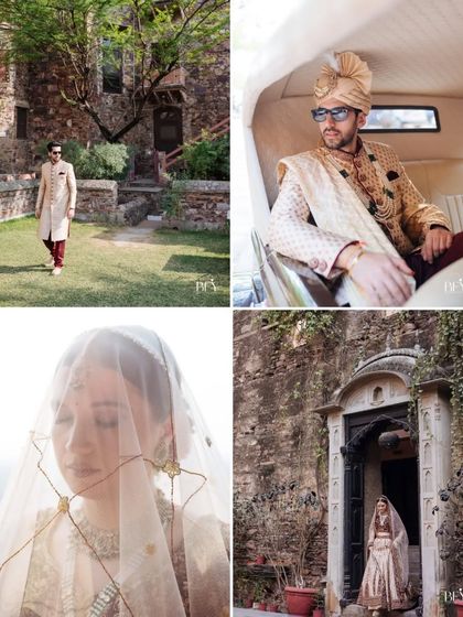 A collage of timeless bridal and groom portraits, capturing quiet, contemplative moments before the ceremony.