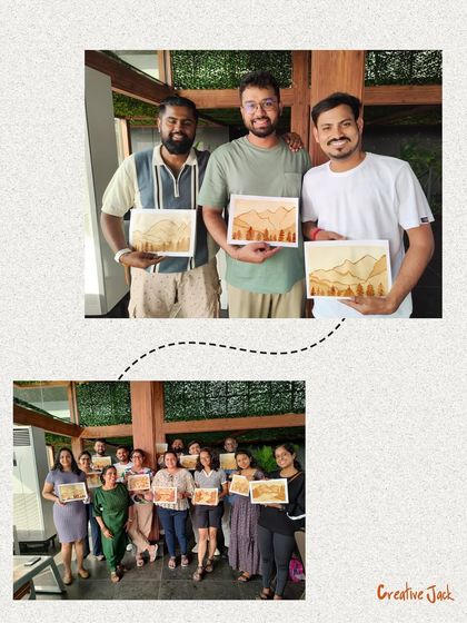 Team members pose with their completed coffee paintings. It's rewarding to see colleagues step out of their work roles and connect as creative individuals.