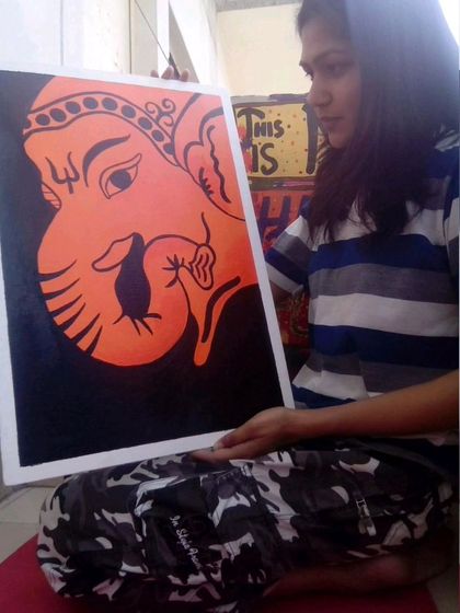 This was one of my earlier Ganesha paintings. The bold orange and black contrast creates a powerful graphic image, showcasing a more minimalist and modern interpretation.