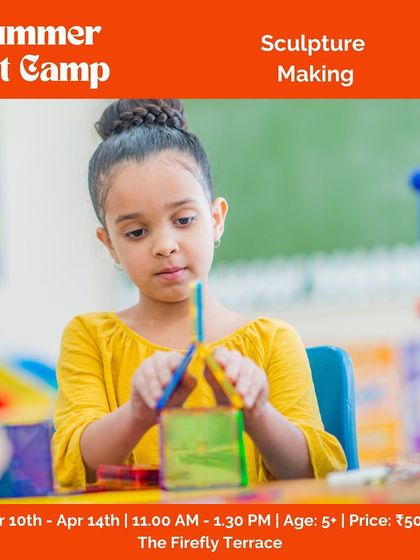 This poster for our summer art camp features a young girl engaged in a sculpture-making activity. We provide a variety of materials for kids to build and create in three dimensions.