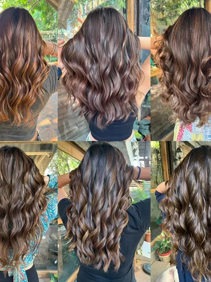 A whole mood board of brown shades. This collage shows the variety of brunette and caramel looks I can create, all without using bleach.