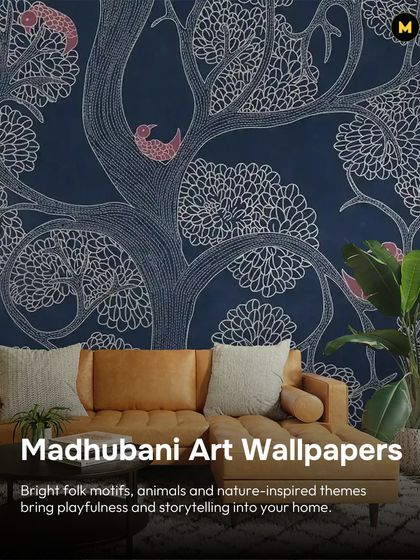 Madhubani art wallpapers bring playful storytelling into your home. This design, with its bright folk motifs of trees and birds, creates a vibrant and joyful atmosphere in this living room.