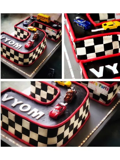 A collage of the number 5 racing track cake, showing the checkered flag details and personalized name.
