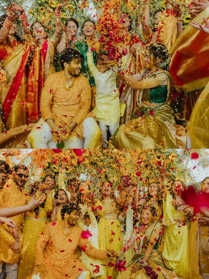 A diptych capturing the high-energy moments of the Haldi, with everyone joyfully showering the couple with turmeric and petals.
