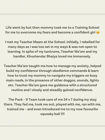 Piku's letter continues, describing how she learned to trust her mommy and manage her anxiety.