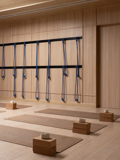 A detail of the yoga studio, showing the wall-mounted ropes. The design is highly functional, yet every element contributes to the overall aesthetic of calm and order.