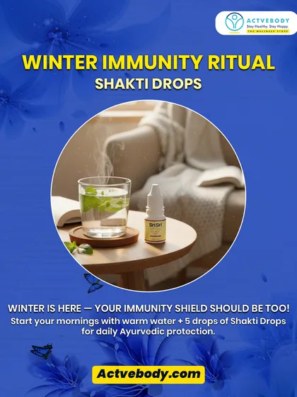 This is my go-to winter immunity ritual. A cozy shot of a warm drink with Shakti Drops illustrates how starting your morning with just 5 drops in warm water can act as your daily Ayurvedic shield against winter illnesses.