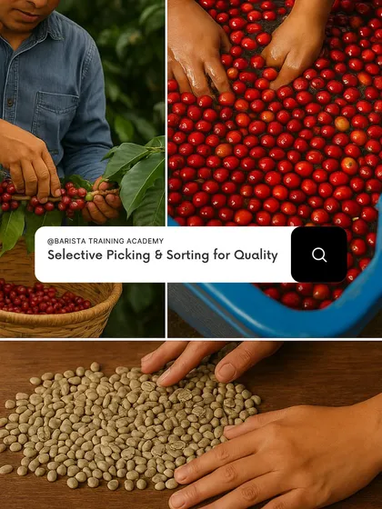 A collage showing selective picking and sorting of coffee cherries. This ensures that only the ripest, highest-quality beans make it to the next stage.