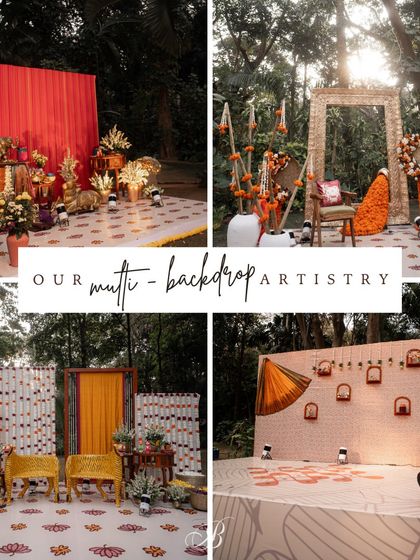 A collage showcasing the multi-backdrop artistry for one wedding. Each setup tells a different story, using upcycled fabrics and local crafts to create a series of unique and captivating photo opportunities.