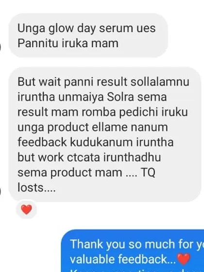 This customer was waiting to give feedback, and I am so glad she did. She calls the Glow Day Serum and other products "sema result," which means "amazing result."