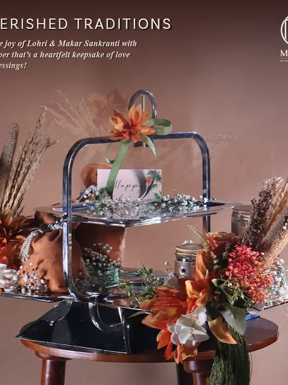 "Cherished Traditions." This Lohri hamper is presented as a heartfelt keepsake of love and blessings, combining traditional harvest elements with luxurious design.