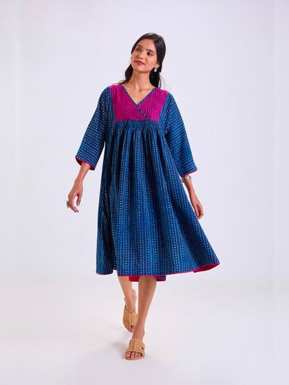 This full-length view of our Chaaya Indigo Dress shows its easy, flowing silhouette. It's a dress designed for real life, moving with you from morning to night.