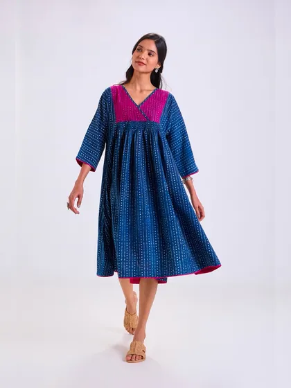 This full-length view of our Chaaya Indigo Dress shows its easy, flowing silhouette. It's a dress designed for real life, moving with you from morning to night.