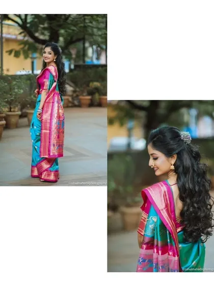 A beautiful portrait of the bride-to-be, Apurva, showcasing her vibrant turquoise and pink Paithani saree and elegant hairstyle before her engagement ceremony in Thane.