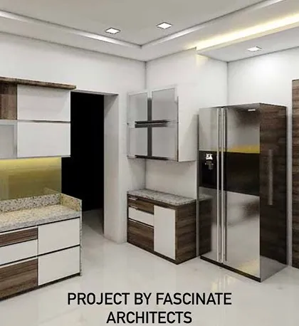 A 3D render of a kitchen design concept. This visualization shows a combination of wood and white cabinets, demonstrating how we plan for both aesthetics and functionality before execution.