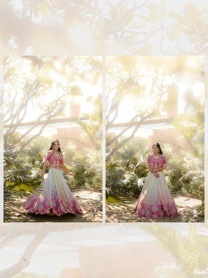 An artistic collage focusing on the bride's beautiful lehenga and the sun-drenched, dreamy atmosphere of her Mehendi day.