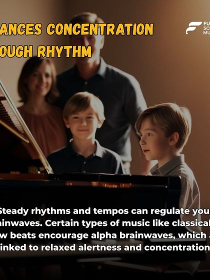 This graphic explains how the steady rhythm of music can regulate brainwaves, leading to a state of relaxed alertness and enhanced concentration. It's one of the many cognitive benefits I focus on.