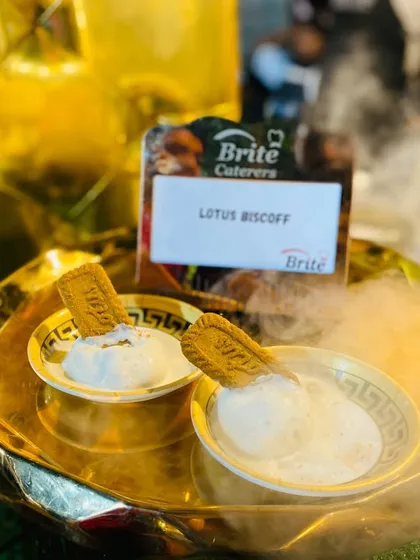 My Lotus Biscoff ice cream, served with a dramatic smoky effect from dry ice for a theatrical presentation.