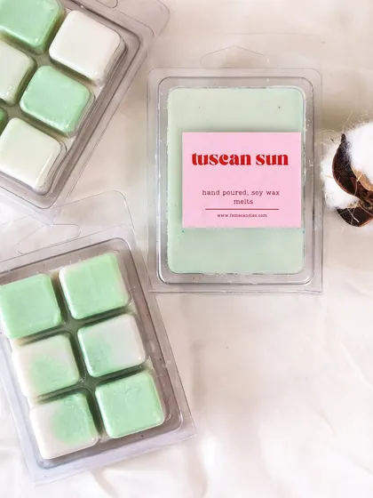 Our Tuscan Sun wax melts. The marbled green and white wax is reminiscent of a sunny day in the Italian countryside.