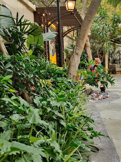 This low-angle view shows the depth we create through plantscaping. By layering plants of different heights and textures, we designed a garden that feels full and evergreen, with artistic elements visible in the background.