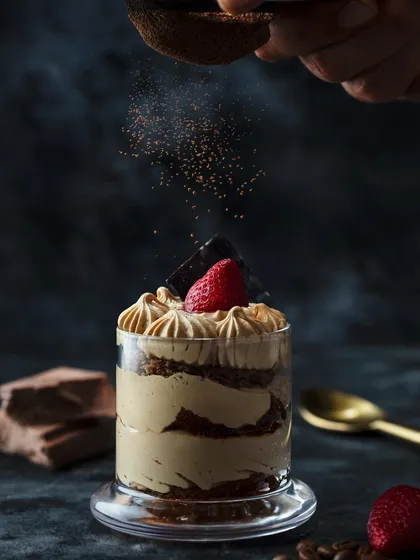 A classic Tiramisu dessert, captured with a sprinkle of cocoa powder in mid-air. This action shot for The Khyber Resort adds a touch of magic and highlights the final, delicious touch to the dish.