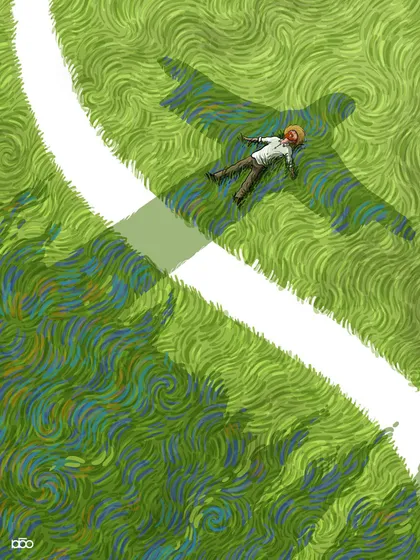 A figure lies on a grassy hill, their shadow stretching out into the shape of Christ the Redeemer. It's a piece about finding a sense of expansiveness and grace in nature, spreading your arms to embrace the world.